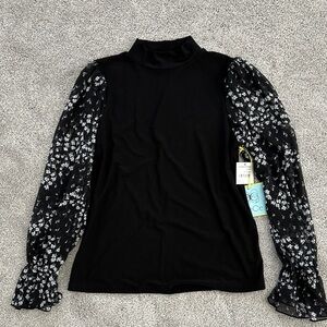 CeCe Black Top with Floral Sleeves